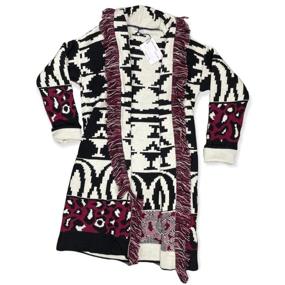 New Wool Blend Southern Open Front Cardigan White Black Burgundy Boho Small - Picture 5 of 9